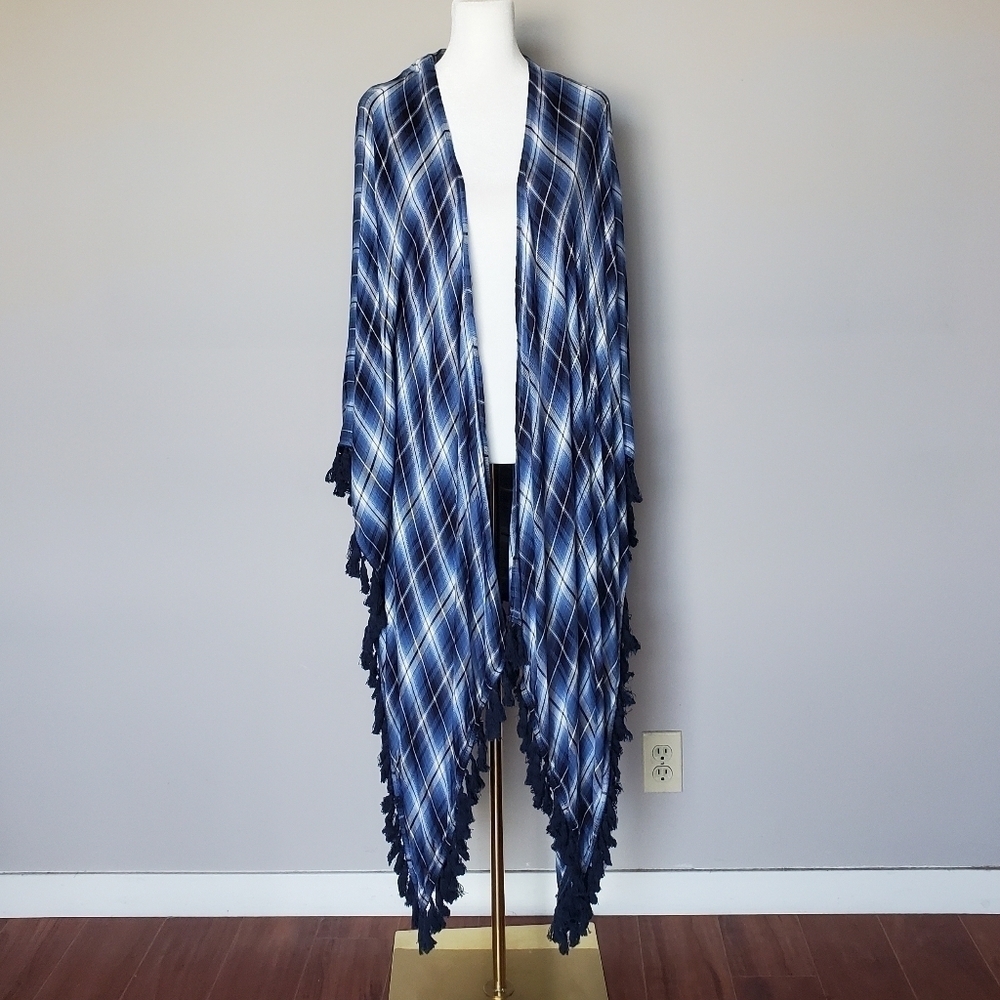 Kori Boho Plaid Print Fringe Trim Open Front Longline Kimono Cardigan